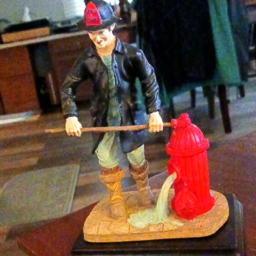 Vintage Firefighter Figurine with Red Hydrant Price Productions